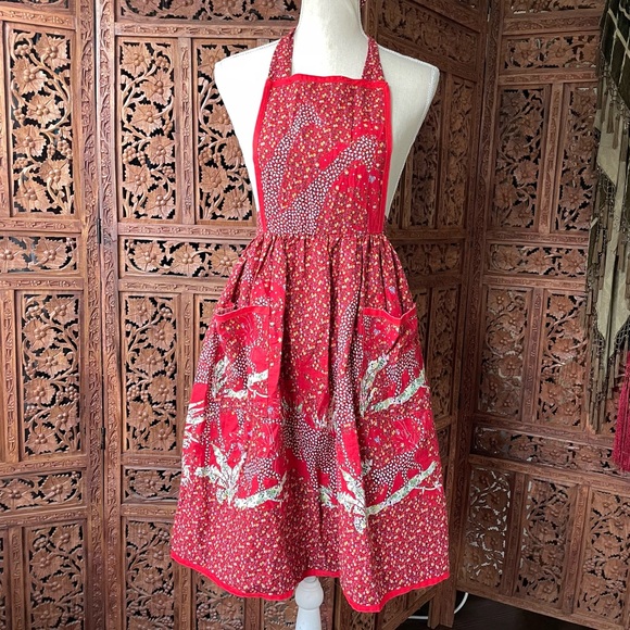 Handmade Dresses & Skirts - Vintage Handmade Unbranded Red Floral Halter Tie Apron Dress